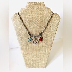 Lucky Brand Boho Style Peace Sign Necklace with Turquoise and Red Stones